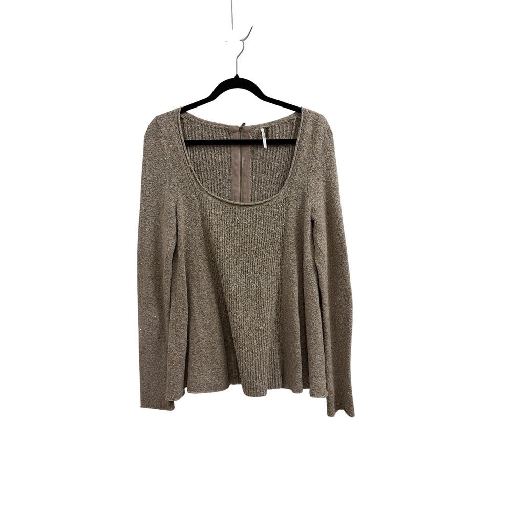 Free People Taupe Ribbed Knit Scoop Neck Flared Back Zip Sweater Small Womens‎